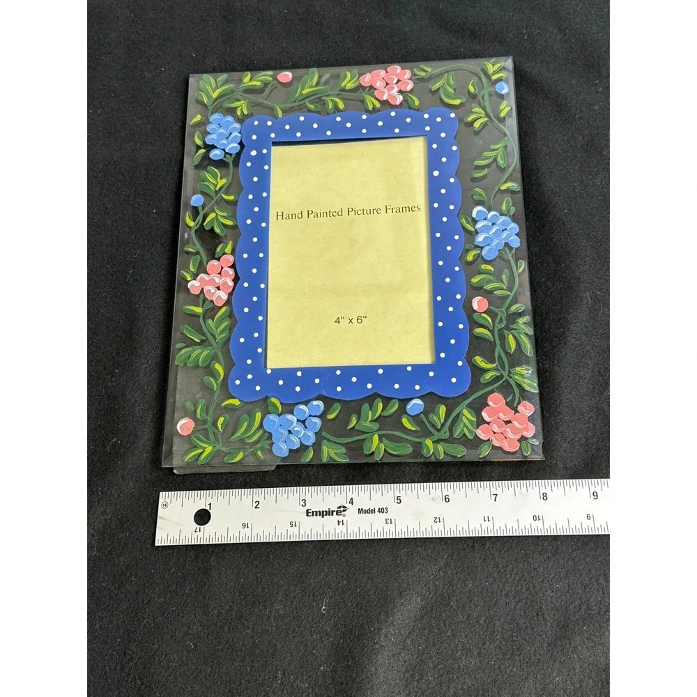 Vintage Hand Painted Glass Floral Picture Frame 4x6 Blue Polka Dot Scalloped
